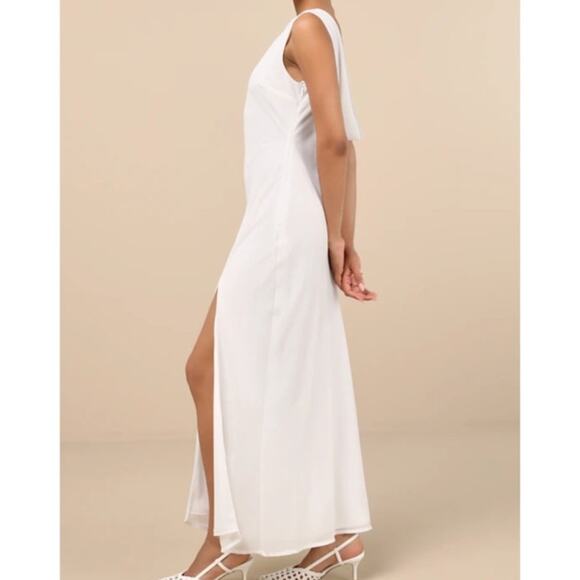 Lulus NWOT Yaneli White Boat Neck Cowl Back Sleeveless Fitted A-Line Maxi Dress - Picture 3 of 11
